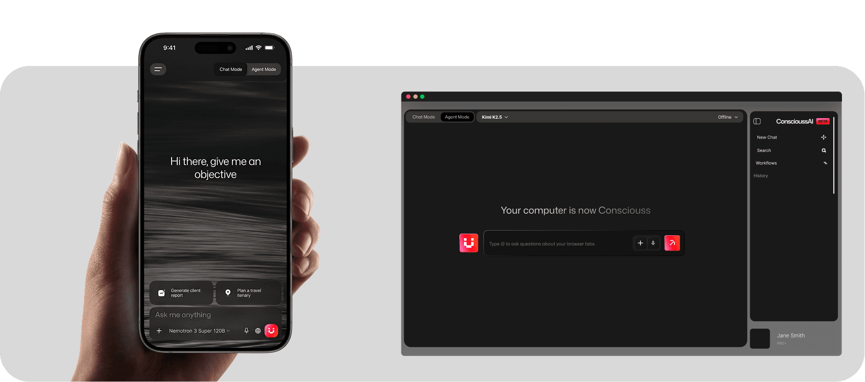ConscioussAI app mockup - phone and desktop